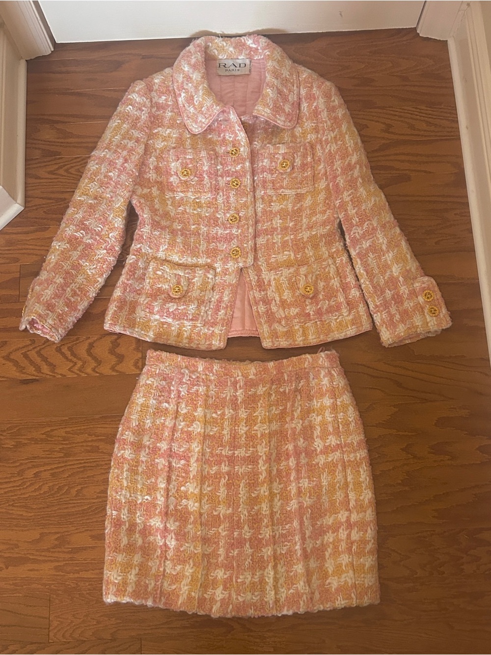 Vintage 80s RAD Paris Pink & Peach Tweed Two-Piece Jacket and Skirt Set